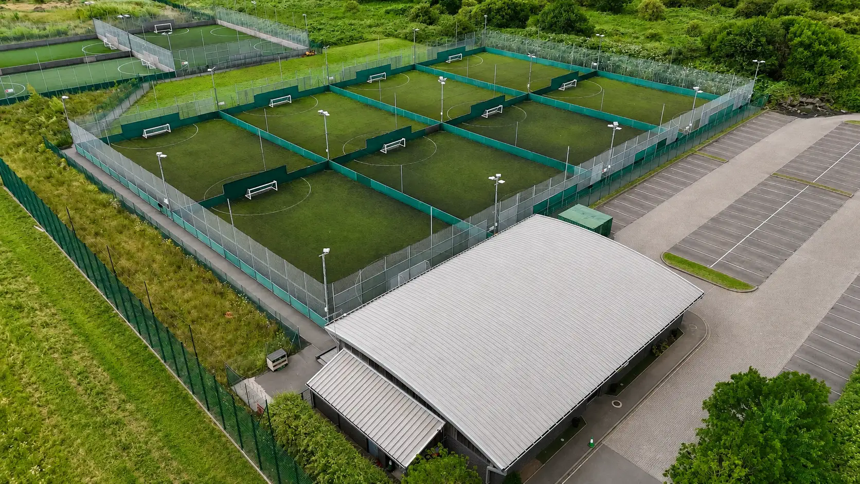 Aerial view of the 5-a-side pitches at Gôl Centres